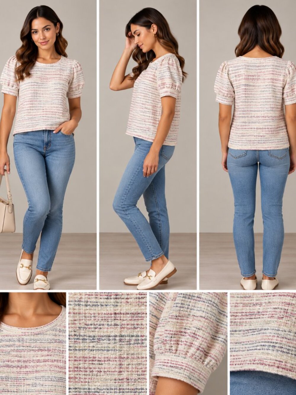 LOFT Ivory Multicolor Striped Puff Sleeve Knit Top Size XS